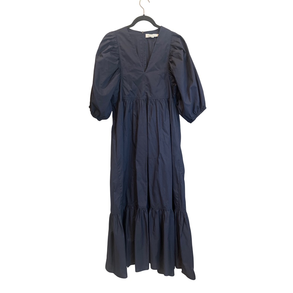 Hunter Bell New York Navy Blue Cotton Puff Sleeve Tiered Midi Dress Boho Size M